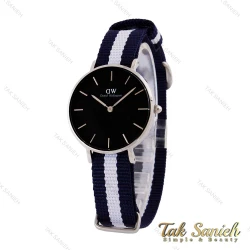 ساعت DW زنانه نقره ای صفحه مشکی بند برزنت سفید سرمه ای DW-4984-L