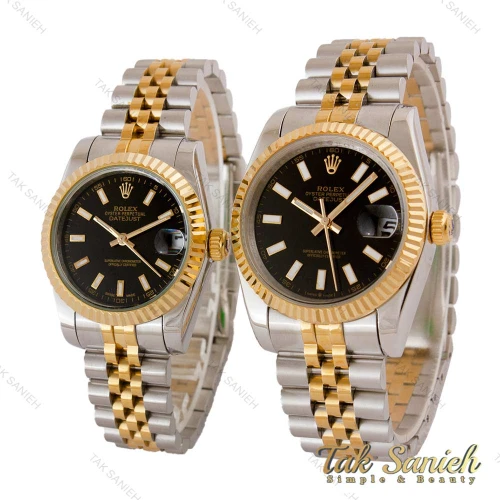 ست ساعت رولکس دورنگ طلایی صفحه مشکی ایندکس خطی Rolex-5021-S