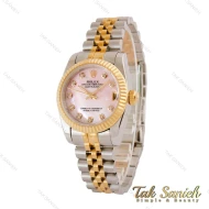 ساعت رولکس زنانه دو رنگ طلایی صفحه صورتی ایندکس نگین Rolex-5027-M-L