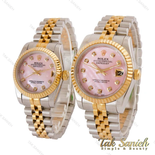 ساعت ست رولکس دورنگ طلایی صفحه صورتی ایندکس نگین Rolex-5028-S
