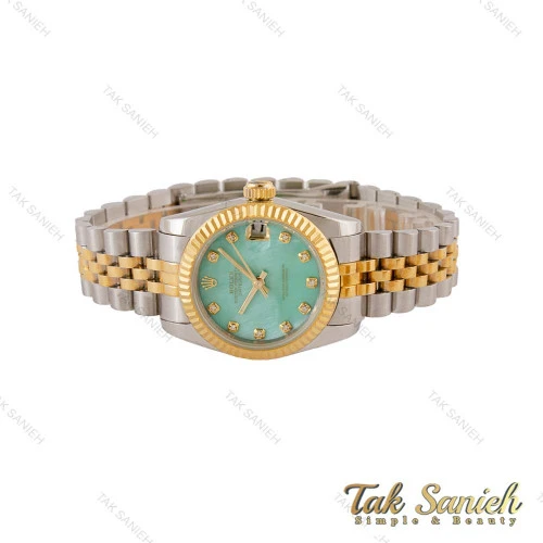 ساعت رولکس زنانه دورنگ طلایی صفحه سبز آبی صدفی Rolex-5038-S-L