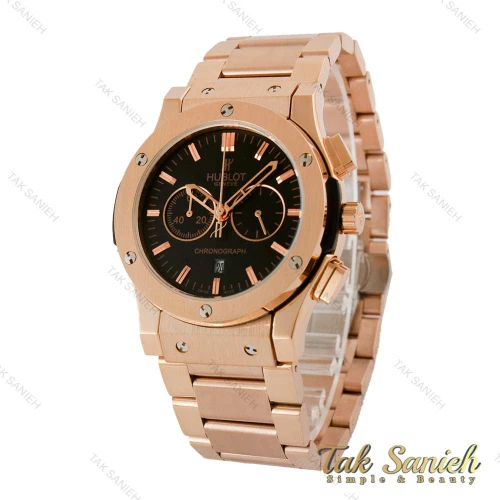 ساعت هابلوت مردانه سه موتوره بند استیل رزگلد صفحه مشکی Hublot-5099-G