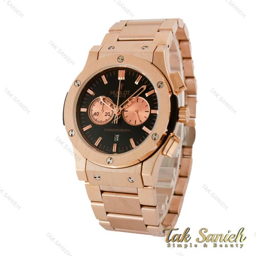 ساعت هابلوت مردانه سه موتوره بند استیل رزگلد صفحه مشکی چشمی Hublot-5100-G