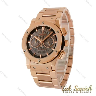 ساعت هابلوت مردانه سه موتوره بند استیل رزگلد صفحه اسکلتون Hublot-5101-G