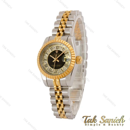 ساعت زنانه رولکس دورنگ طلایی صفحه مشکی ایندکس رومی اسمال Rolex-5117-S-L