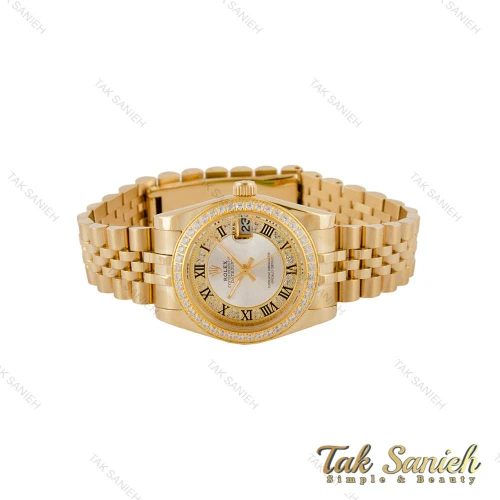 ساعت رولکس زنانه طلایی دورنگین صفحه سیلور ایندکس یونانی Rolex-5122-M-L