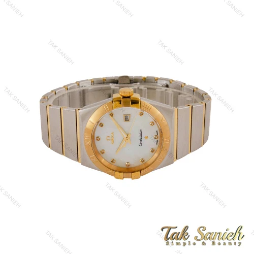 ساعت امگا کانسلیشن مردانه دورنگ طلایی صفحه سفید صدفی ایندکس نگین Omega-5158-G