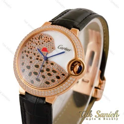 ساعت کارتیه بالن بلو زنانه فول نگین رزگلد بند چرم مشکی Cartier-5265-L