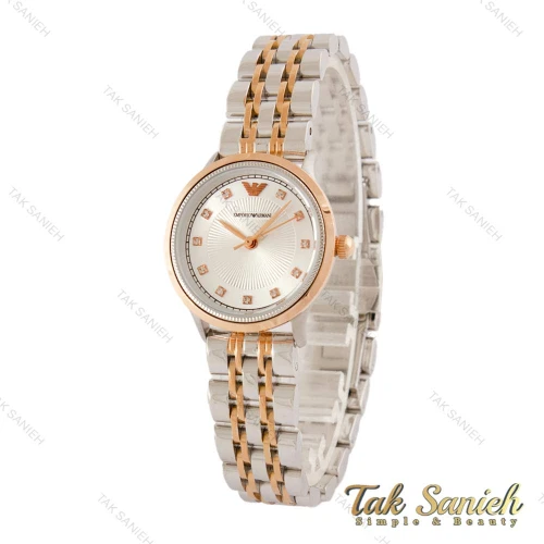 ساعت امپریوآرمانی زنانه دورنگ رزگلد صفحه سیلور شماره نگین Armani-5434-L