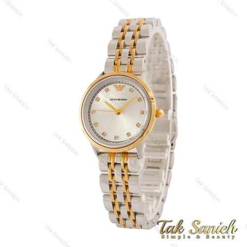 ساعت امپریو آرمانی زنانه دو رنگ طلایی صفحه نقره ای شماره نگین Armani-5436-L