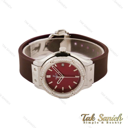 ساعت هابلوت زنانه قاب سیلور دورنگین زرشکی Hublot-5455-L