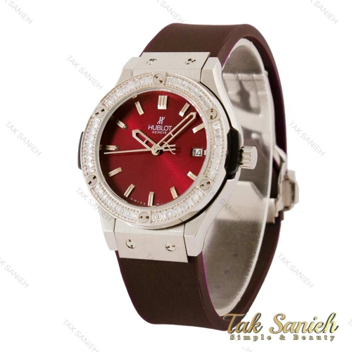 ساعت هابلوت زنانه قاب سیلور دورنگین زرشکی Hublot-5455-L