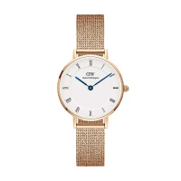 ساعت DW زنانه حصیری رزگلد صفحه سفید ایندکس یونانی DW-5505-L