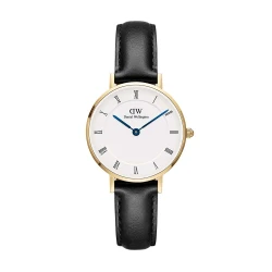 ساعت DW زنانه بند چرم طلایی مشکی صفحه سفید ایندکس یونانی DW-5506-L