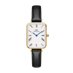 ساعت DW زنانه مستطیلی بند چرمی طلایی سفید ایندکس یونانی DW-5523-L