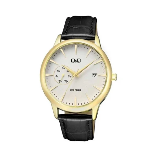 ساعت مچی مردانه کیو اند کیو چرمی طلایی صفحه سفید QQ-5535-G