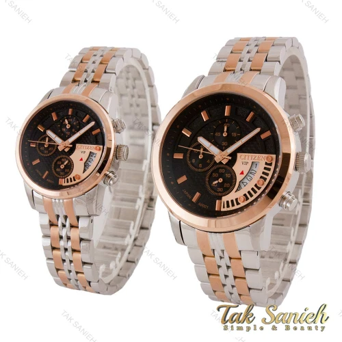 ساعت ست سیتیزن وی آی پی دو رنگ رزگلد صفحه مشکی Citizen-4701-S