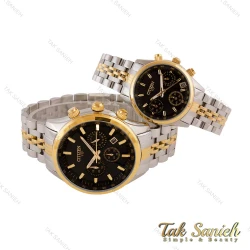 ست ساعت سیتیزن VIP سه موتوره طلایی نقره ای صفحه مشکی Citizen-4705-S