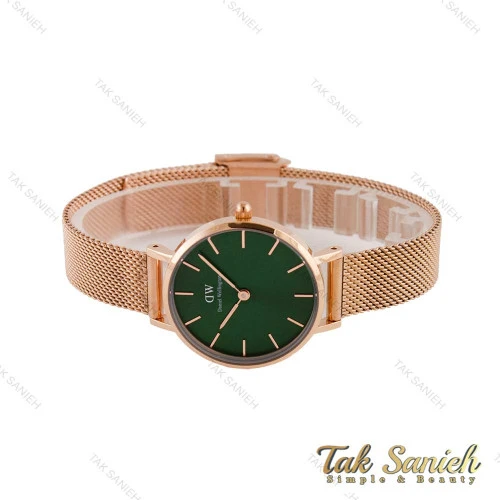 ساعت دنیل ولینگتون زنانه بند حصیری رزگلد صفحه سبز اسمال DW-4715-L