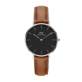 ساعت دنیل ولینگتون زنانه بند چرم عسلی قاب سیلور صفحه مشکی DW-4742-32-L