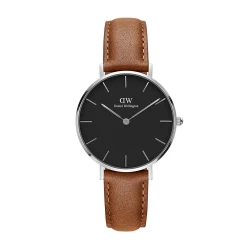ساعت دنیل ولینگتون زنانه بند چرم عسلی قاب سیلور صفحه مشکی DW-4742-32-L