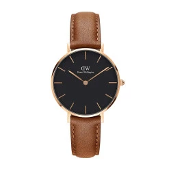 ساعت دنیل ولینگتون زنانه بند چرم عسلی قاب رز صفحه مشکی DW-4743-32-L