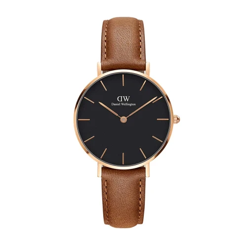ساعت دنیل ولینگتون زنانه بند چرم عسلی قاب رز صفحه مشکی DW-4743-32-L