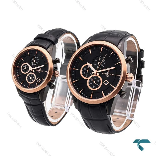 ساعت ست رومانسون بند چرم مشکی رزگلد Romanson-5938-S