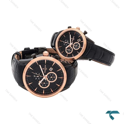 ساعت ست رومانسون بند چرم مشکی رزگلد Romanson-5938-S