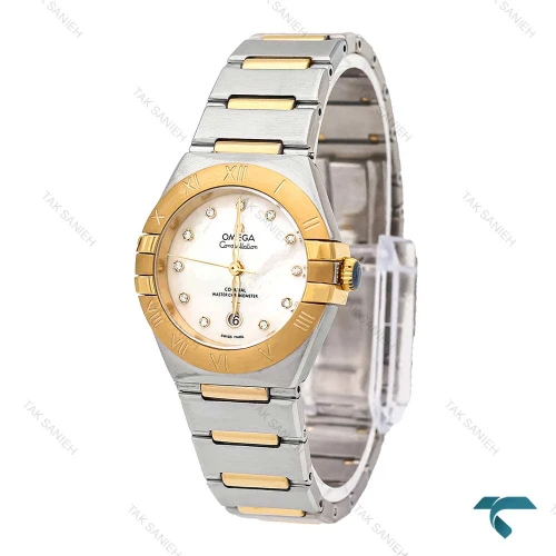 ساعت زنانه امگا کانسلیشن جدید دو رنگ طلایی صفحه سفید ایندکس نگین Omega-5857-L