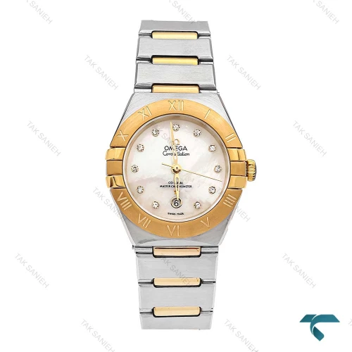 ساعت زنانه امگا کانسلیشن جدید دو رنگ طلایی صفحه سفید ایندکس نگین Omega-5857-L