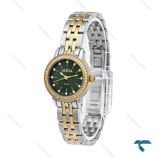 ساعت مچی زنانه الکسا A2006 دورنگ طلایی صفحه سبز Alexa-6144-L