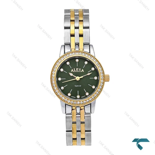 ساعت مچی زنانه الکسا A2006 دورنگ طلایی صفحه سبز Alexa-6144-L