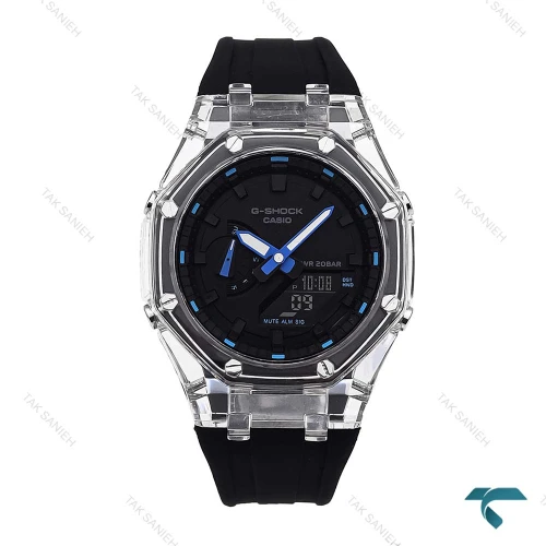 ساعت جیشاک GA2100 شیشه ای مشکی عقربه آبی Casio-6179-G