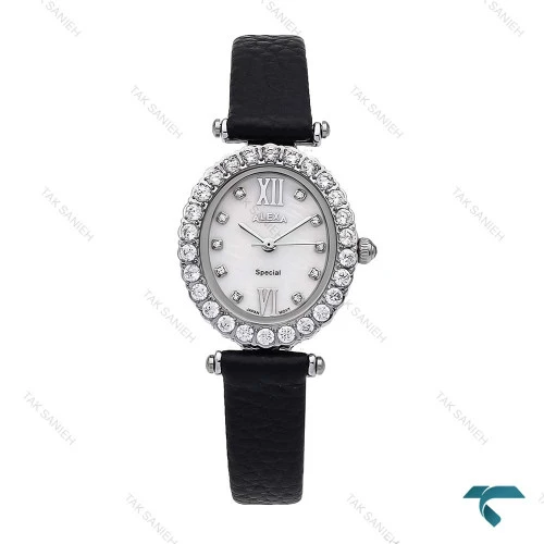 ساعت الکسا اسپشیال A2008 زنانه بیضی نقره ای صفحه سفید دورنگین Alexa-6218-L