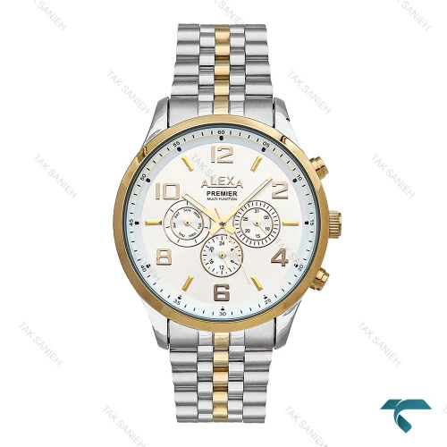 ساعت الکسا پریمیر A0073 مردانه دورنگ طلایی صفحه سفید Alexa-6225-G