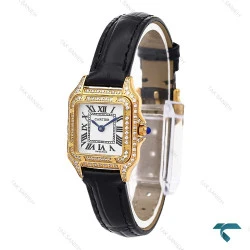 ساعت مچی کارتیه پنته زنانه طلایی بند چرم فول نگین Cartier-6273-L
