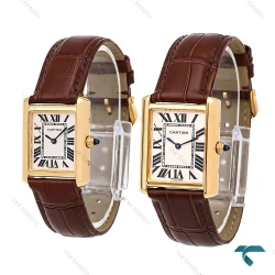 کارتیر تانک ست زنانه مردانه بند چرم قهوه ای قاب طلایی Cartier-6365-S