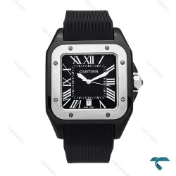 ساعت کارتیر سانتوس 100 مردانه مشکی نقره ای بند رابر Cartier-6366-G