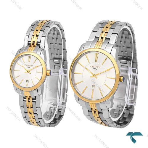 ساعت ست سیتیزن VIP دورنگ طلایی صفحه سفید Citizen-6374-S