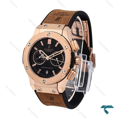 ساعت هابلوت زنانه سه موتوره رزگلد بند چرم قهوه ای صفحه مشکی Hublot-6416-L