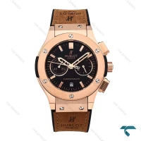 ساعت هابلوت زنانه سه موتوره رزگلد بند چرم قهوه ای صفحه مشکی Hublot-6416-L