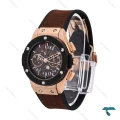 ساعت هابلوت زنانه رزگلد مشکی بند چرم قهوه ای صفحه اسکلتون Hublot-6418-L