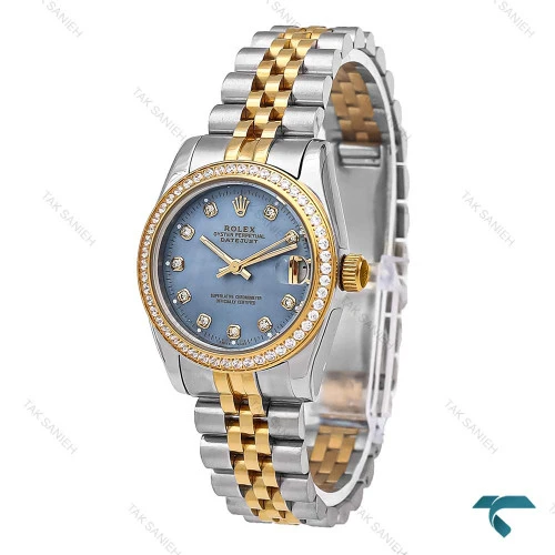 ساعت زنانه رولکس دورنگ طلایی دورنگین صفحه آبی Rolex-6625-L