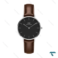 ساعت دنیل ولینگتون زنانه سیلور صفحه مشکی بند چرمی قهوه ای DW-6641-L