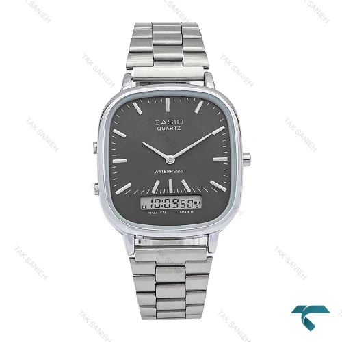 ساعت کاسیو چهارگوش مردانه سیلور صفحه دودی دوزمانه Casio-6709-G