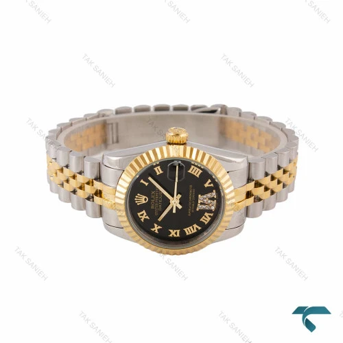 ساعت زنانه رولکس دورنگ صفحه مشکی ایندکس یونانی Rolex-6849-L