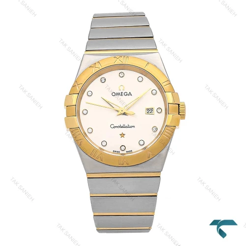 ساعت مردانه امگا دورنگ طلایی صفحه نقره ای ایندکس نگین Omega-6880-G