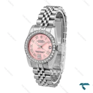 ساعت رولکس زنانه استیل صفحه صورتی دورنگین ایندکس نگین Rolex-6851-L