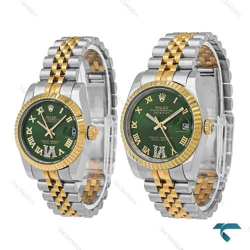 ساعت ست Rolex دورنگ طلایی صفحه سبز ایندکس یونانی Rolex-7156-S